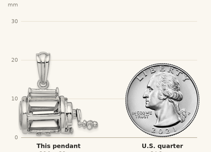 Classique True Size: De-Ani Sterling Silver Rhodium-Plated Polished 3D Moveable Fishing Reel Pendant shown next to a US quarter (24.3 mm)
