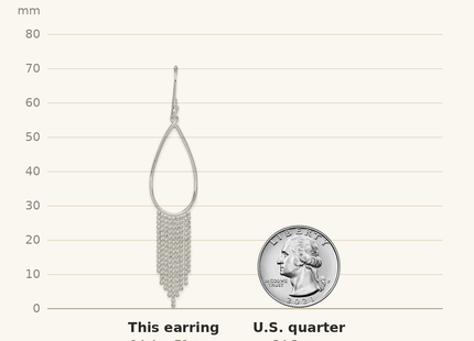 Classique True Size: Sterling Silver Polished Teardrop & Beaded Chain Dangle Earrings shown next to a US quarter (24.3 mm)