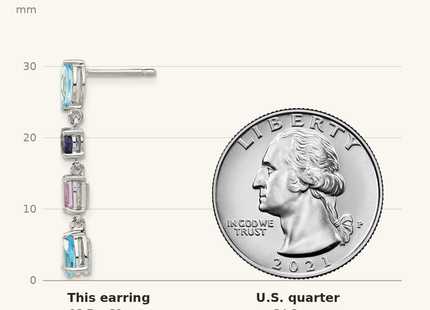 Classique True Size: Sterling Silver Rhodium Amethyst Blue Topaz and Iolite Dangle Earrings shown next to a US quarter (24.3 mm)