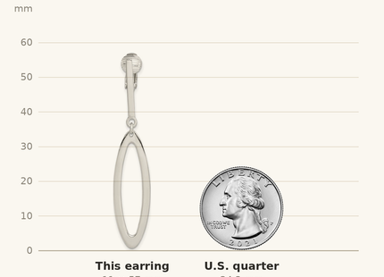 Classique True Size: Sterling Silver Polished Non-Pierced Elongated Oval Dangle Earrings shown next to a US quarter (24.3 mm)