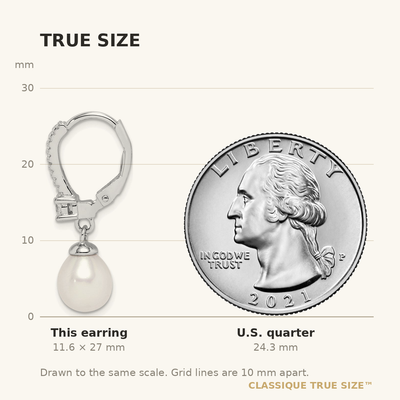 Sterling Silver Rhodium-plated White Teardrop Freshwater Cultured Pearl and CZ Leverback Dangle Earrings, 27 x 7 to 8mm
