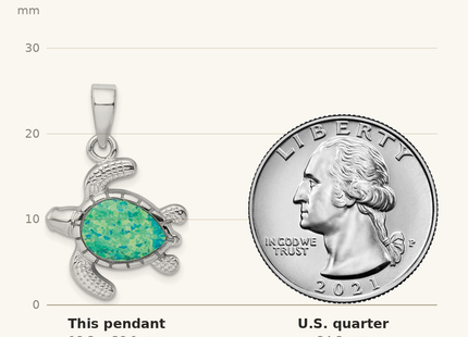 Classique True Size: Sterling Silver Rhodium-plated Polished Green Inlay Created Opal Turtle Pendant shown next to a US quarter (24.3 mm)