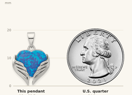Classique True Size: Sterling Silver Rh-plated Blue Created Opal Heart with Wings Pendant shown next to a US quarter (24.3 mm)