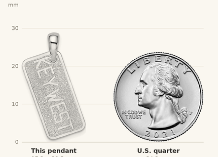 Classique True Size: De-Ani Sterling Silver Rhodium-Plated Polished and Textured Key West License Pendant shown next to a US quarter (24.3 mm)