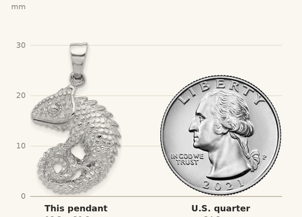 Classique True Size: Sterling Silver Rhodium-plated Polished and Textured 3D Chameleon Pendant shown next to a US quarter (24.3 mm)
