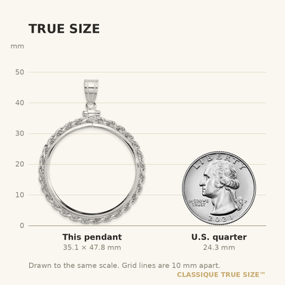 Wideband Distinguished Coin Jewelry 14K White Gold Polished Rope x Screw Top Coin Bezel Pendant, 47.75 x 36.7mm