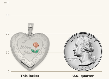 Classique True Size: Sterling Silver Rhodium-plated Enameled Rose with Border Heart Locket shown next to a US quarter (24.3 mm)