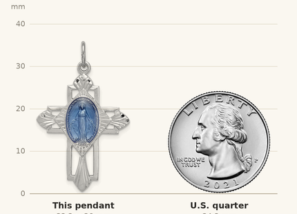 Classique True Size: Sterling Silver Platinum-plated Miraculous Medal Cross Pendant shown next to a US quarter (24.3 mm)