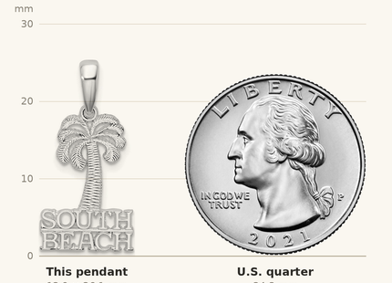 Classique True Size: De-Ani Sterling Silver Rhodium-Plated Polished South Beach Palm Tree Pendant shown next to a US quarter (24.3 mm)