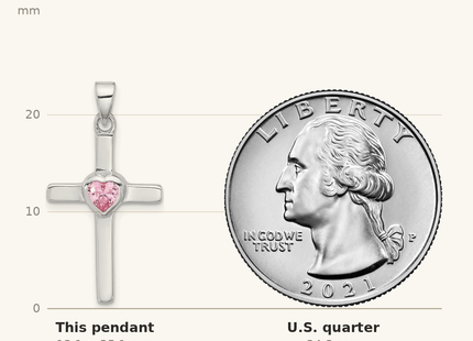 Classique True Size: Sterling Silver Rhodium-plated Pink Heart CZ Cross Pendant shown next to a US quarter (24.3 mm)