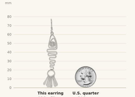 Classique True Size: Sterling Silver Polished Fancy Geometric Fish Earrings shown next to a US quarter (24.3 mm)