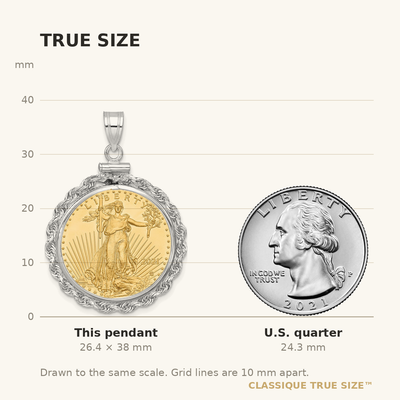 Wideband Distinguished Coin Jewelry 14K White Gold Polished Rope Mounted 1/4oz American Eagle Screw Top Coin Bezel Pendant