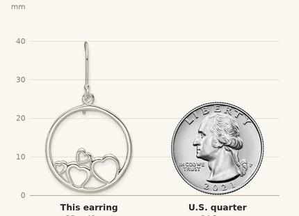 Classique True Size: Sterling Silver Rhodium-plated Polished Open Hearts Circle Dangle Earrings shown next to a US quarter (24.3 mm)
