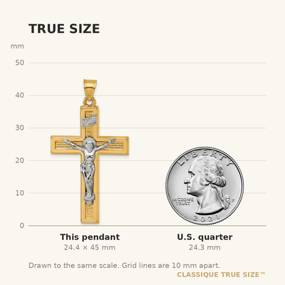 14K with White Rhodium Polished Inri Crucifix Cross Pendant, 45.0 x 24.7mm