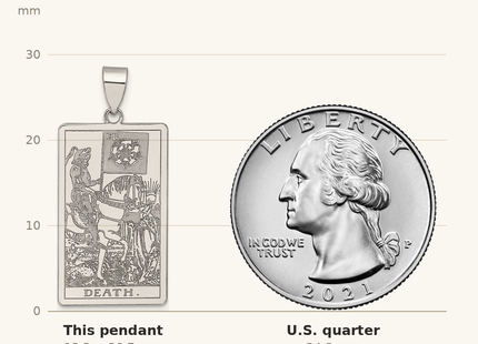 Classique True Size: Sterling Silver Death Tarot Card Pendant shown next to a US quarter (24.3 mm)