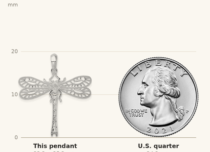 Classique True Size: De-Ani Sterling Silver Rhodium-Plated Polished Cut-Out Dragonfly Pendant shown next to a US quarter (24.3 mm)