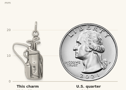 Classique True Size: Sterling Silver Antiqued Golf Clubs w/Bag Charm shown next to a US quarter (24.3 mm)