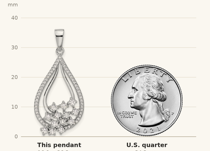 Classique True Size: Pure Fire Sterling Silver Rhodium-plated Fancy CZ Drop Pendant shown next to a US quarter (24.3 mm)