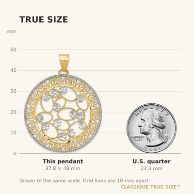 14K White Rhodium Diamond-cut Filigree Pendant, 48 x 36mm