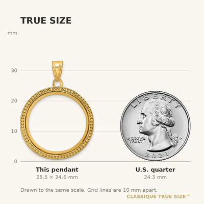 Wideband Distinguished Coin Jewelry 14K Polished and Beaded Prong Coin Bezel Pendant, 34.6 x 26.55mm