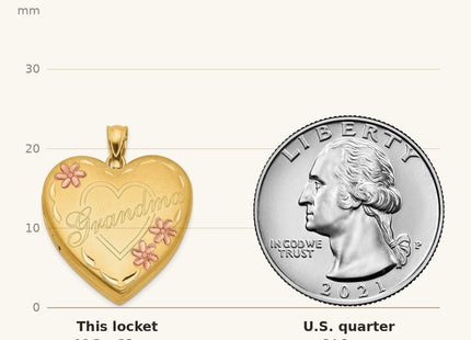 True size: 1/20 Gold Filled Grandma Enameled Family Heart Locket shown next to a US quarter (24.3 mm)