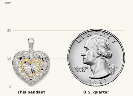 Classique True Size: De-Ani Sterling Silver Rhodium-plated Polished Heart with 14k Accent Pendant shown next to a US quarter (24.3 mm)