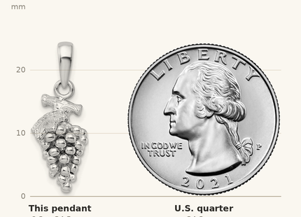 Classique True Size: De-Ani Sterling Silver Rhodium-Plated Polished 3D Grapes Pendant shown next to a US quarter (24.3 mm)