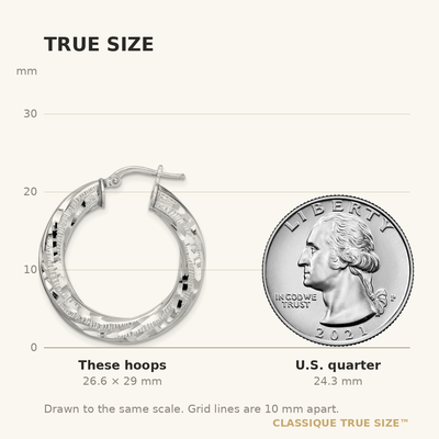 Sterling Silver Rhodium-plated D/C Twisted Tube Hoop Earrings, 29 x 3mm