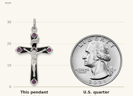 Classique True Size: Sterling Silver Platinum-plated Black Epxy Purple CZ INRI Cross Pendant shown next to a US quarter (24.3 mm)