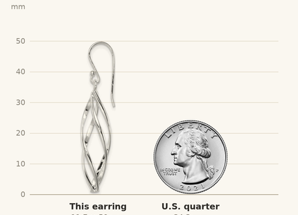 Classique True Size: Sterling Silver Rhodium-plated Polished Long Twisted Dangle Earrings shown next to a US quarter (24.3 mm)