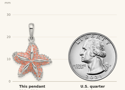 Classique True Size: De-Ani Sterling Silver Rhodium-Plated Polished Enameled Starfish Pendant shown next to a US quarter (24.3 mm)
