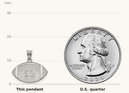 True size: 10k White Gold Personalized Football Pendant shown next to a US quarter (24.3 mm)