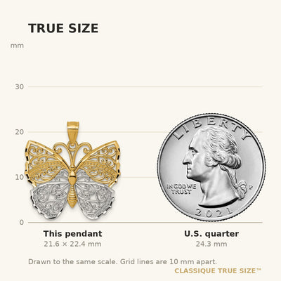 14K and Rhodium Textured Fancy Filigree Butterfly Pendant