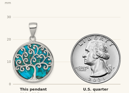 Classique True Size: Sterling Silver Rhodium-plated Polished Compressed Turquoise Tree Of Life Pendant shown next to a US quarter (24.3 mm)