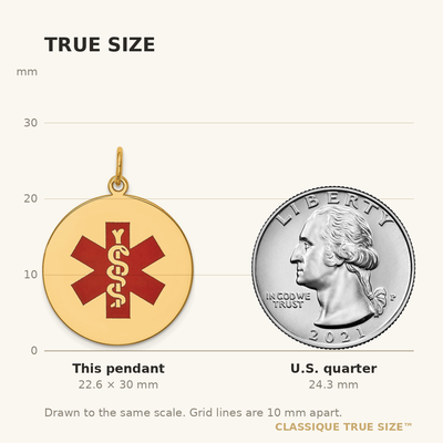 14K Round Red Enameled Medical Jewelry Pendant, 30 x 22mm