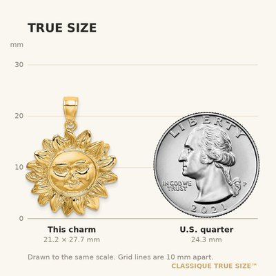 14K Smiling Sun Charm, 27.7 x 21.7mm