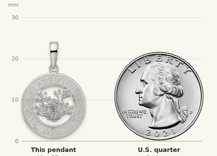 Classique True Size: De-Ani Sterling Silver Rhodium-Plated Polished Antigua W.I. Circle Frog Pendant shown next to a US quarter (24.3 mm)