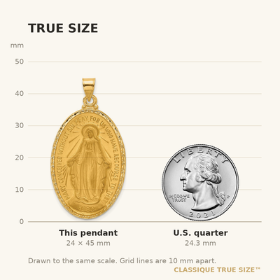 14K Satin and Polished Miraculous Medal Solid Oval Pendant, 45 x 23.9mm