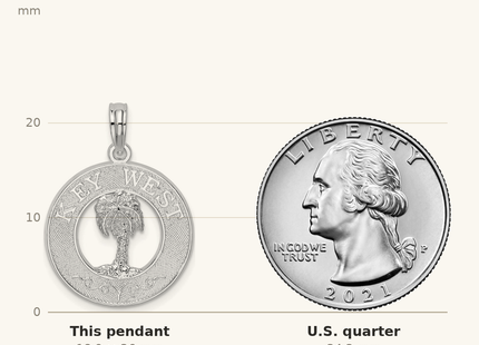 Classique True Size: De-Ani Sterling Silver Rhodium-Plated Textured Key West with Palm Tree Pendant shown next to a US quarter (24.3 mm)