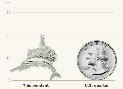 Classique True Size: De-Ani Sterling Silver Rhodium-Plated Polished Sailfish Pendant shown next to a US quarter (24.3 mm)