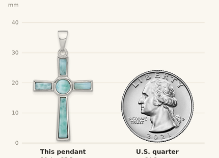 Classique True Size: Sterling Silver Rhodium-plated Larimar Cross Pendant shown next to a US quarter (24.3 mm)