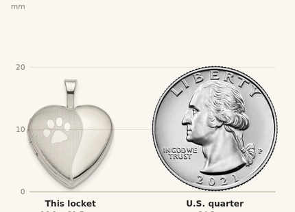 Classique True Size: Sterling Silver Rhodium-plated Paw Print Heart Locket shown next to a US quarter (24.3 mm)