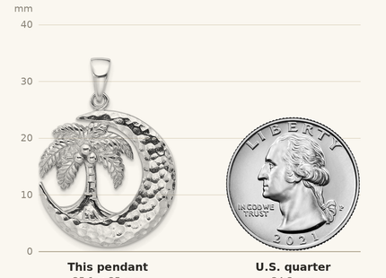 Classique True Size: Sterling Silver Rh-Plated Polished Palm Tree with Crescent Moon Pendant shown next to a US quarter (24.3 mm)