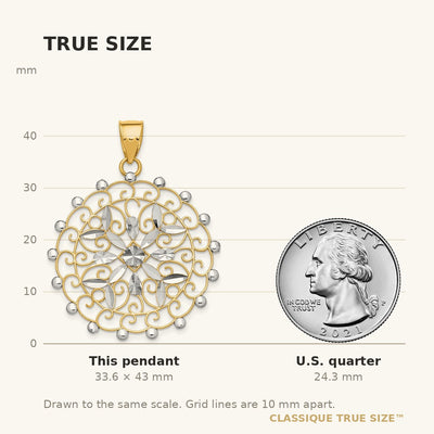 14K White Rhodium Diamond-cut Filigree Pendant, 43 x 32mm