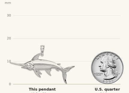 Classique True Size: De-Ani Sterling Silver Rhodium-Plated Polished and Satin Swordfish Pendant shown next to a US quarter (24.3 mm)