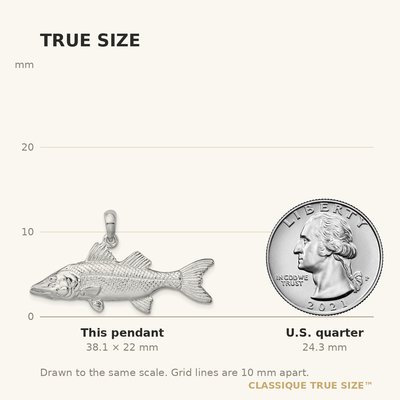 De-Ani Sterling Silver Rhodium-Plated Polished 3D Snook Fish Pendant, 22 x 39mm