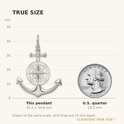 De-Ani Sterling Silver Rhodium-Plated Polished 3D Large Anchor with Compass Pendant
