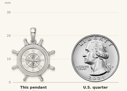 Classique True Size: De-Ani Sterling Silver Rhodium-Plated Polished Ships Wheel with Compass Pendant shown next to a US quarter (24.3 mm)