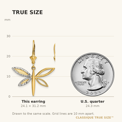 14K & White Rhodium D/C Dragonfly Leverback Earrings, 31.18 x 24.75mm