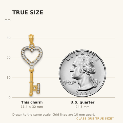 14K w/White Rhodium Polished Heart Key Charm, 32 x 12mm